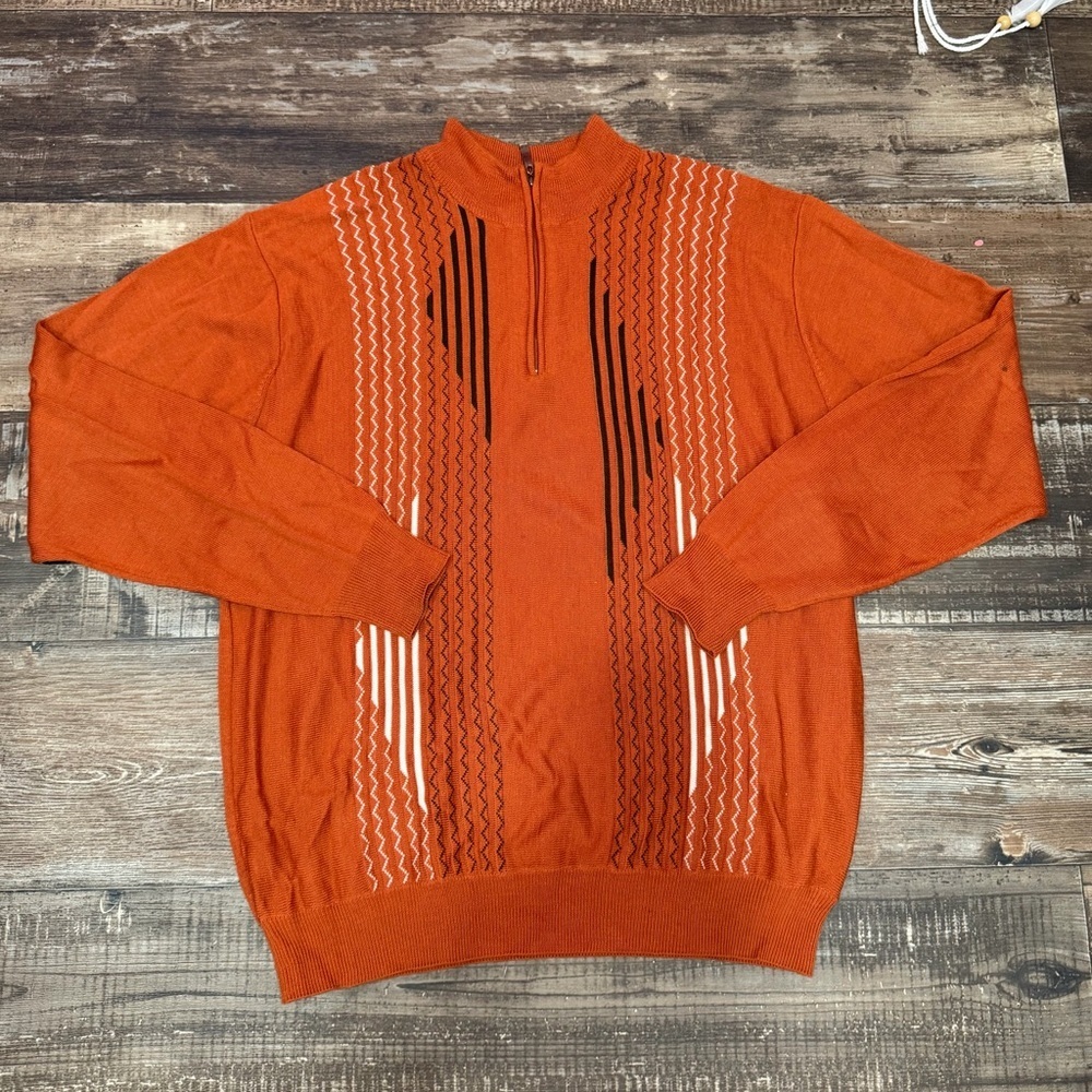 Men's Vtg Orange Quarter Zip Patterned Sweater Sz XXL